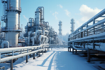 generated illustration of snow-covered industrial plant in winter