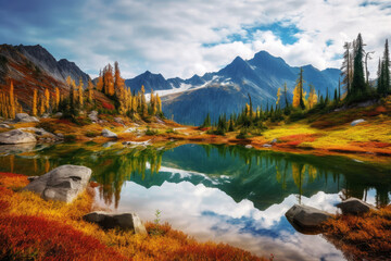 Obraz premium generated illustration of crystal clear mountain lake with a view of snow capped peaks.