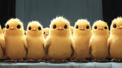 A group of fluffy yellow chicks stare intently.