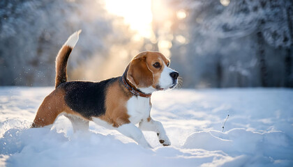 Beagle Playing in a Winter Park