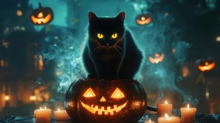 Black Cat Sitting on a Jack-O-Lantern for Halloween