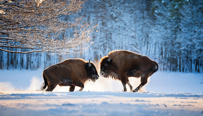 Bison Playing in a Winter Park
