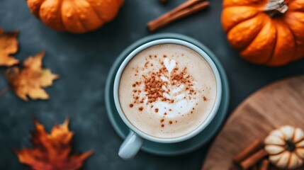A cozy coffee mug topped with creamy foam and spices, surrounded by autumn leaves and pumpkins, perfect for fall vibes and seasonal warmth.
