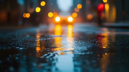 A rainy city street scene captured at dusk, featuring reflections of warm lights and water drops on the pavement, creating a moody atmosphere.