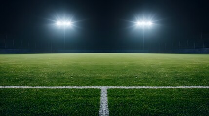 Obraz premium A well-lit soccer field under night skies, showcasing vibrant green grass and bright floodlights illuminating the area.