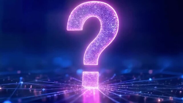 A glowing question mark made of particles against a blue background with glowing lines. The question mark sits on top of a network of lines.