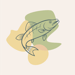 Pike or salmon icon on blobs background. Seafood shop logo, signboard. Restaurant menu, fish market, banner, poster design template. Fresh seafood. Fishing trophy.