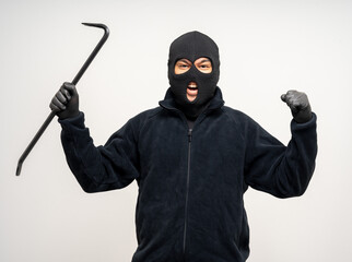 Thief in uniform black jacket various pose on isolated background. The Robber terrorism criminal...
