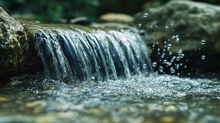 Separate image of a small waterfall under the water of a freshwater river in nature with bubbles in the water 