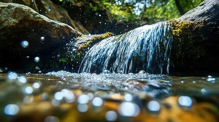 Separate image of a small waterfall under the water of a freshwater river in nature with bubbles in the water 