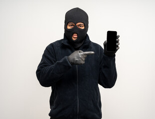 Thief in uniform black jacket various pose on isolated background. The Robber terrorism criminal...