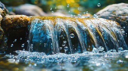 Separate image of a small waterfall under the water of a freshwater river in nature with bubbles in the water 