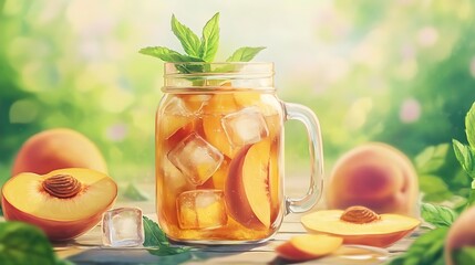 Refreshing Peach Iced Tea in Mason Jar with Mint Garnish
