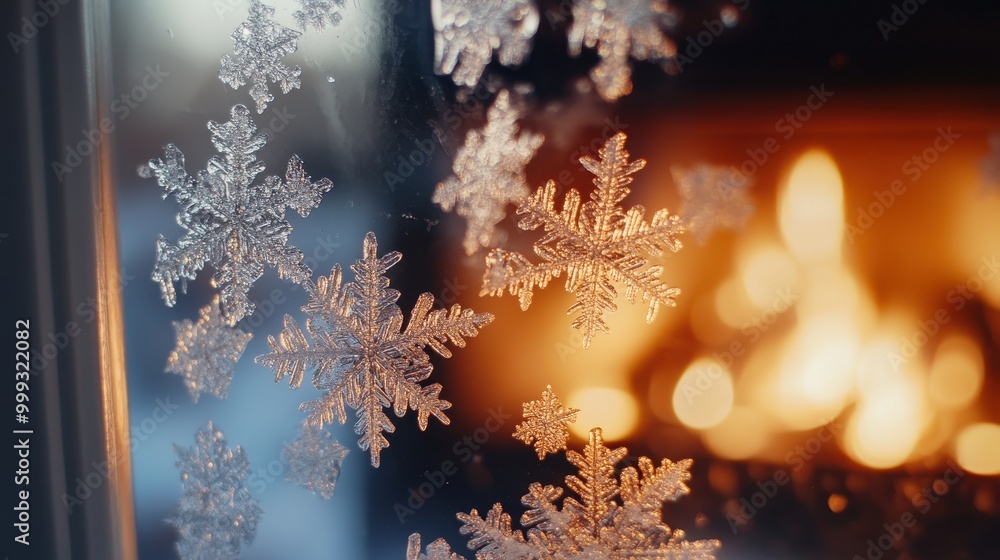 Poster snowflakes on a windowpane with a fire in the background