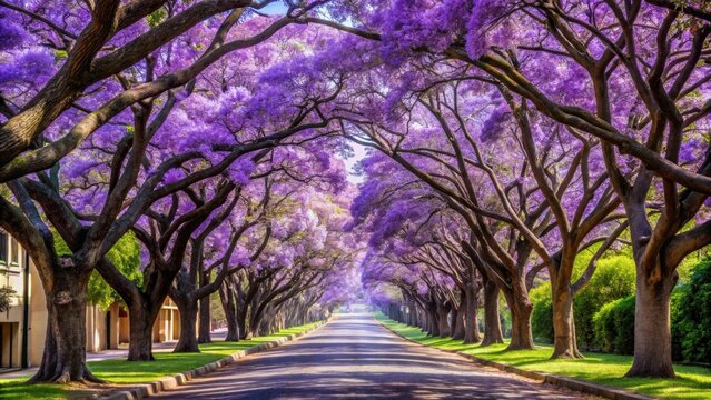 Beautiful purple flower Jacaranda tree lined street in full bloom, Jacaranda, tree, street, full bloom