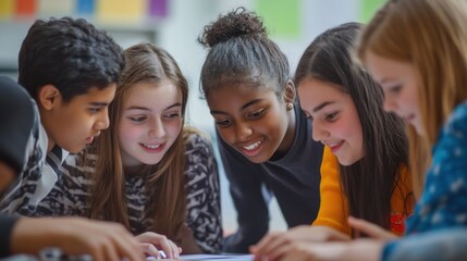 Capture students from various cultural backgrounds working together on a project in an inclusive and supportive classroom environment