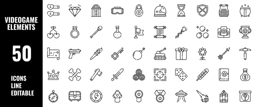 50 Videogame Elements Icons Set Pack Line Editable Vector Illustration