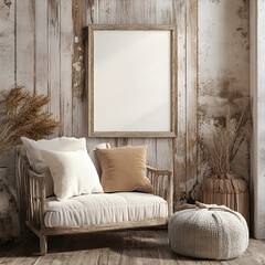 Realistic 3D Render of a Mockup Frame in a Cozy Farmhouse Living Room Interior with Rustic Design Accents