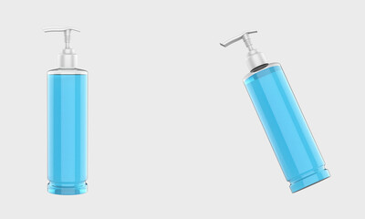Ads template mockup realistic plastic bottles with dispenser airless pump for liquid gel, soap, lotion, cream, shampoo, bath foam and other cosmetics. 3d illustration 