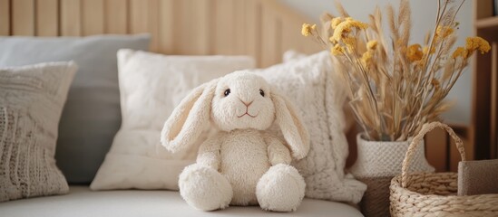 A soft, white bunny plush toy sits on a white couch with pillows in a cozy living room setting.