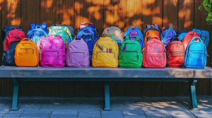 Photograph a collection of colorful and trendy backpacks arranged on a bench, with each bag filled with school supplies and ready for a new school year. 