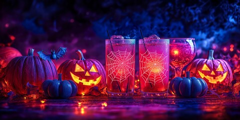 Spooky Halloween drinks with spider webs and scvary pumpkins - ai generated