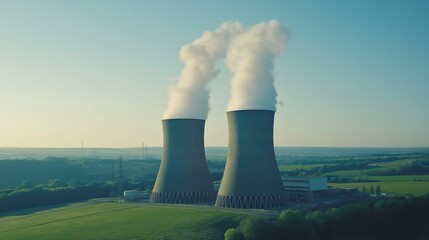 Aerial view of modern nuclear power plant with cooling towers emitting steam against clear blue sky, surrounded by lush green fields, symbolizing clean energy and environmental balance.