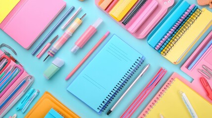 Fototapeta premium Photograph a collection of colorful back-to-school supplies such as notebooks, pens, and folders, arranged in a visually appealing and organized layout 