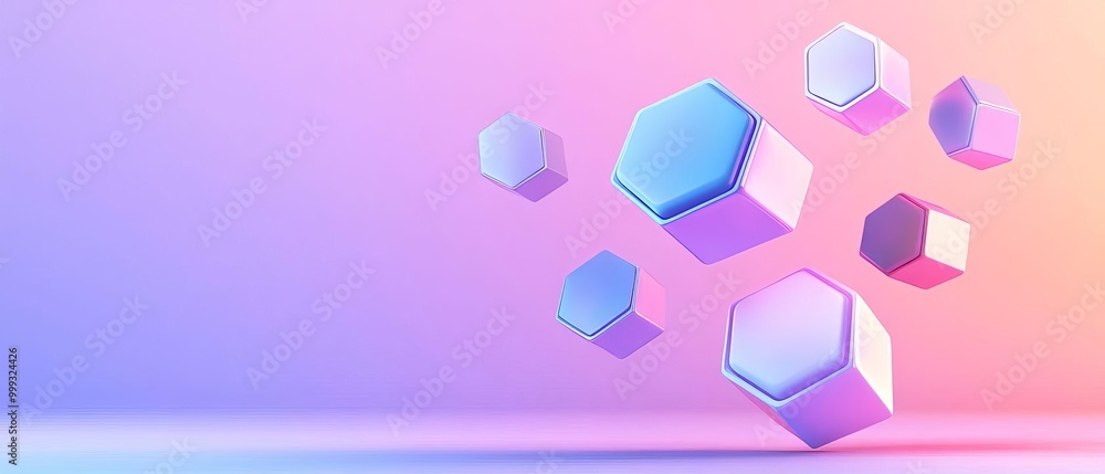 Poster vibrant 3d hexagons floating in a colorful gradient background for modern graphic design