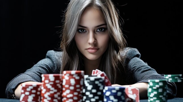 Queen of Bluff: Intense Female Poker Player in Luxurious High-Stakes Casino Setting - 8K Resolution