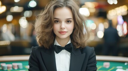 Fototapeta premium Luxurious Casino Experience: Elegant Woman at Blackjack Table with Neatly Arranged Chips and Dealer - High Resolution 8K Image