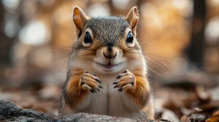 Obraz premium A cute squirrel sits in the woods, with a curious expression on its face.