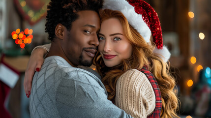 Festive Holiday Romance: Beautiful Interracial Couples enjoying the Christmas season.