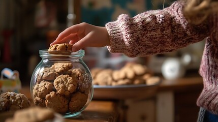 Child Hand Reaching For Homemade Cookies In Jar