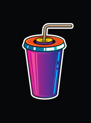 Fast food plastic cup with straw. Hot or cold drink. Original vector illustration in vintage style.