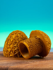 Close up of complex maze for storing gift on blue background