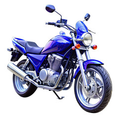A striking blue motorcycle is displayed against a clean white background highlighting its unique design features and metal components prominently