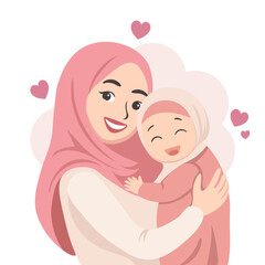 Hijab Mother Carrying Her Daughter – Vector Illustration of Mother and Child Bonding.  Editable Icon for Parenting Blogs, Educational Materials, and Family-Oriented Projects | Perfect for Muslim.