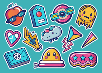 Sticker Pack. Collection of trendy pins. Set of cool patches vector design. Abstract retro badges.