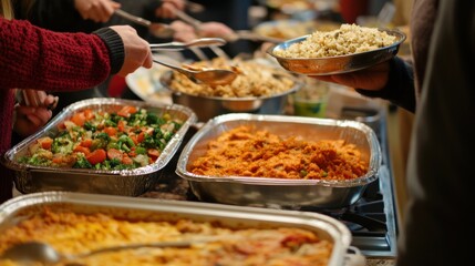 Photograph a community potluck with dishes from different cultures, bringing people together to share food and stories 