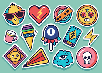 Sticker Pack. Collection of trendy pins. Set of cool patches vector design. Abstract retro badges.