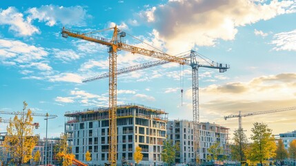 Fototapeta premium Cranes Towering over Ongoing High Rise Construction Site at Sunset