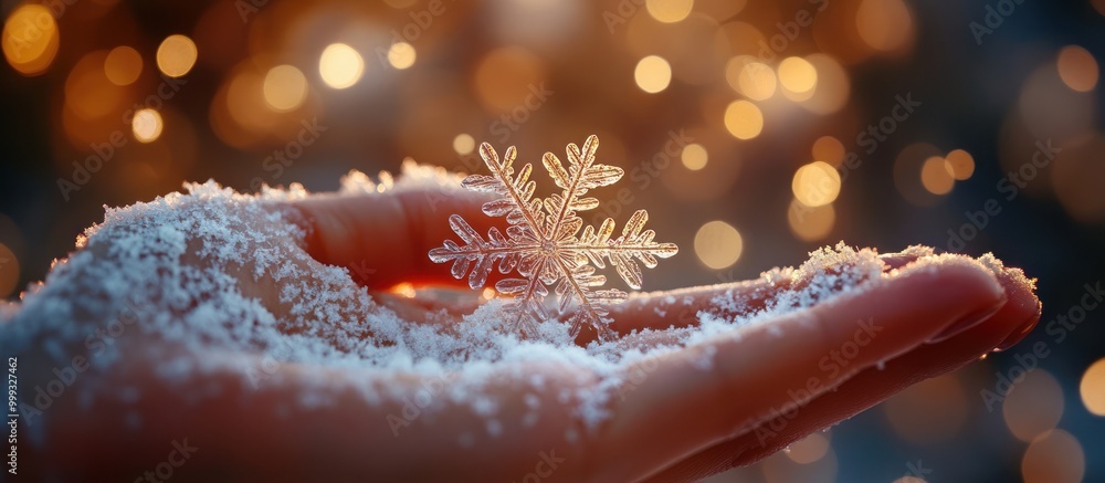 Aufkleber a delicate snowflake resting in a palm covered in soft snow against a bokeh background of warm light