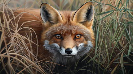 Obraz premium A close-up of a red fox in tall grass, showcasing its vibrant fur and keen eyes.