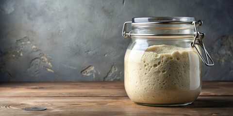 Glass jar filled with bubbling dough leaven for preparing yeast bread, dough leaven, glass jar, yeast, bread