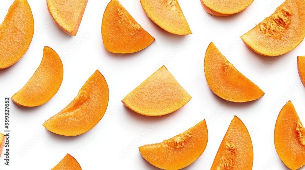 Poster pumpkin slices on white surface with clipping path for text