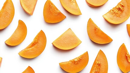 Pumpkin slices on white surface with clipping path for text