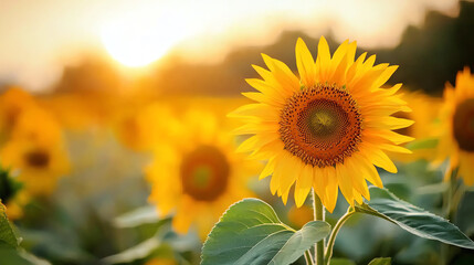 Fototapeta premium Vibrant sunflower in a sunny field with a warm glow in the background