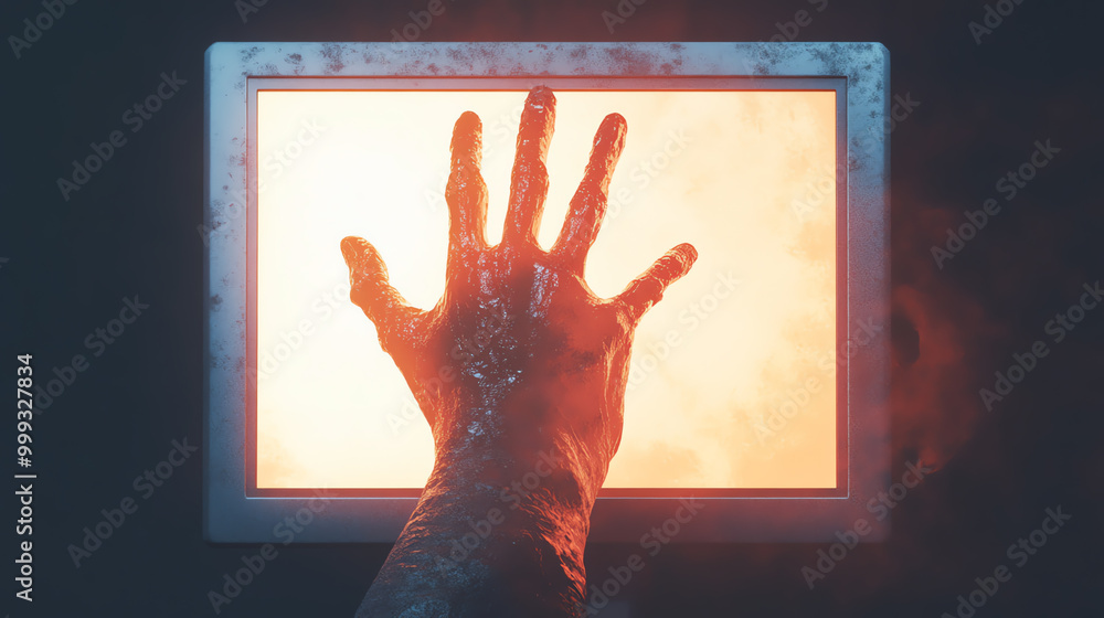 Poster a hand reaching out from a glowing screen in an abstract representation of technology.