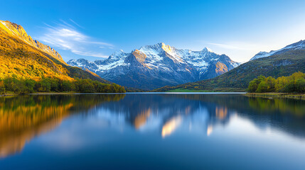 Fototapeta premium Stunning mountain reflection in serene lake under a clear blue sky.